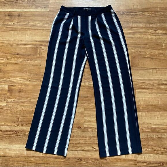 ADRIANNA PAPELL 6 Navy Blue Vertical Stripes Railroad Wide Leg Baggy Trousers - Picture 1 of 15
